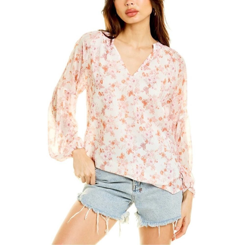 NWT To My Lovers Pink Floral Boho Sheer Puff Sleeves Peasant Top